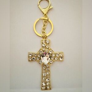 Clear Rhinestones Cross Handbag Charm NIP Christian Faith Gold Tone Keychain